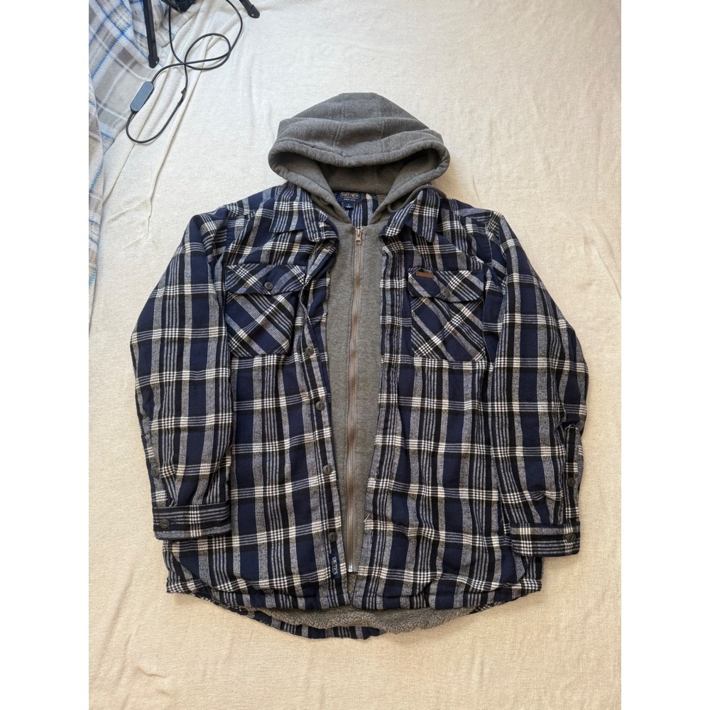 Smith's Workwear Flannel Shirt Jacket Mens L Blue Plaid Sherpa Lined Hooded Zip